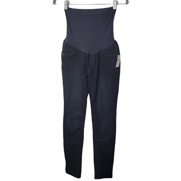 Indigo Blue Dark Wash Slim Straight Maternity Secret Belly Jeans - Picture 1 of 16
